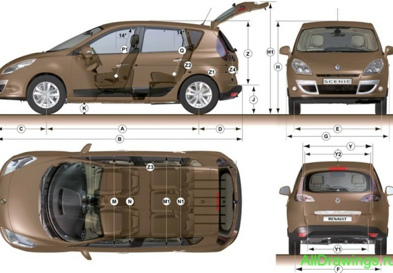 Renault Scenic (2009) (Рено Сценик (2009)) - чертежи (рисунки) автомобиля
